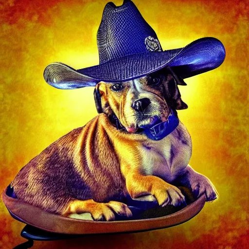 Image similar to a cute dog wearing a cowboy hat, deep dream