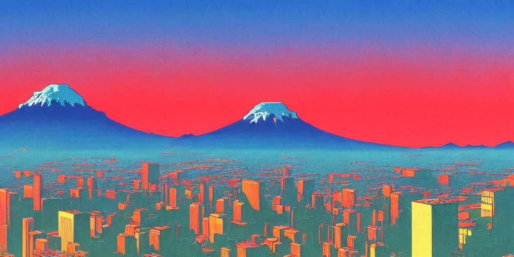 Image similar to skyline of a large metropolis, mount rainier looming in the background, acid and dreaming psychedelic hallucinations, by kawase hasui, moebius and edward hopper, hd, 8 k, artstation, sharp focus, smooth, masterpiece