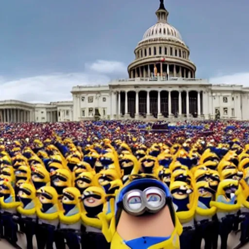 Prompt: GoPro selfie footage of an army of patriotic Minions storming the Capitol, style of Pixar