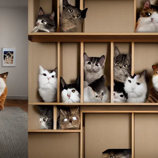 Image similar to a apartment full of cats singing hyperrealism