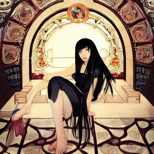 Image similar to photo of lonely young girl エウリン with straight long black hair wearing black dress that sitting on bathroom floor, model エリサヘス ・ セイモア from acquamodels. com, render by artgem and alphonse mucha for capcom co, resident evil