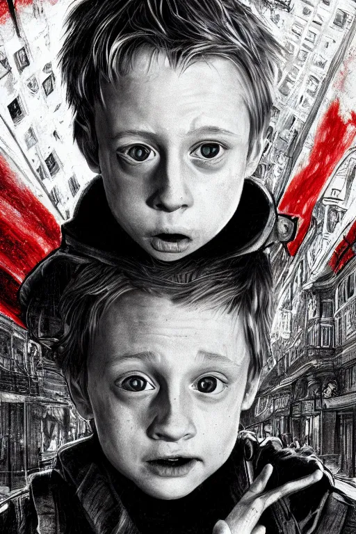 Image similar to realistic portrait beautiful concept art of home alone 2 movie scene when little macaulay culkin turns into cyborg. horror, created by gustave dore and greg rutkowski, high detailed, smooth draw, synthwave neon retro, intricate, trending on artstation.