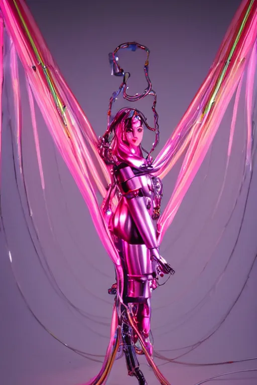 Prompt: full-body baroque and bladerunner style pink neon and chrome statue of a beautiful pale priestess robot goddess humanoid wearing a see-through silk kimono, posing like a falling model, suspended from the ceiling with wire cables, glowing peach face, street hoody of red steampunk lasers, emeralds, swirling silver silk fabric. futuristic elements. oozing glowing liquid, full-length view. space robots. human skulls. throne made of bones, intricate artwork by caravaggio. Trending on artstation, octane render, cinematic lighting from the right, hyper realism, octane render, 8k, depth of field, 3D