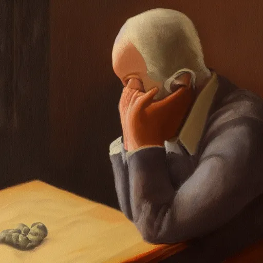 Image similar to An AI generated person having an existential crisis upon realizing they are AI generated, as an oil painting in the style of Thomas Hart Benton