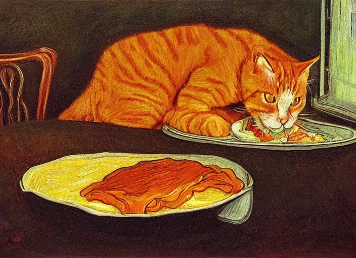 Image similar to detailed realistic realism painting of orange tabby cat eating lasagna at dusk, in the style of vincent van gogh and salvador dali and leonardo da vinci