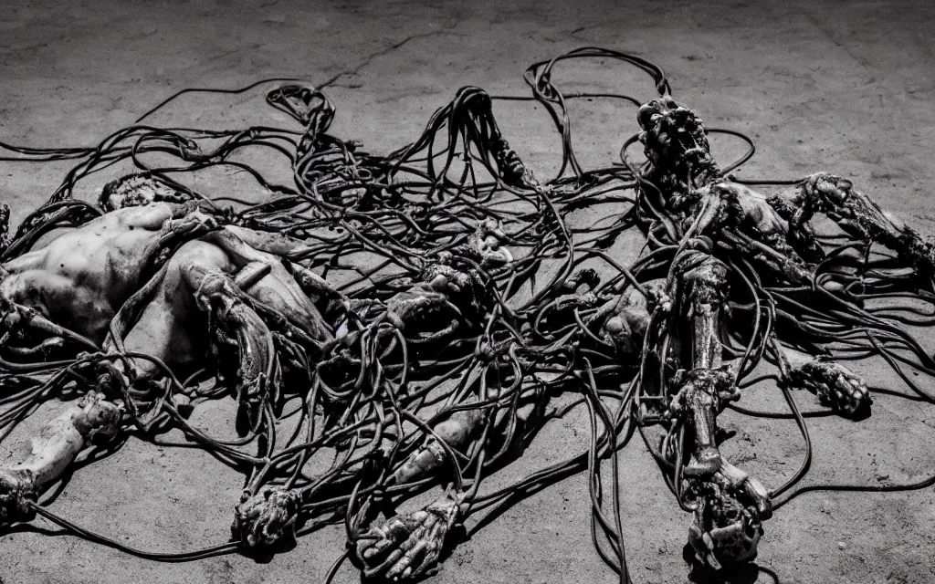 Image similar to in the desert a bloody gross horrifying the thing creature made of muscle and bone and blood stares at the camera, hundreds of black cables and wires wrap around the bodies, the drool comes out of the rotting bodies, eating, mid day, 3 5 mm photography, realistic,