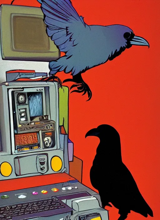 Image similar to a raven digging through 8 0 s era technology, vintage shapes, retro technology, happy color, wayne barlow, oil on canvas, deep depth of field, masterpiece, cinematic composition, hyperdetailed