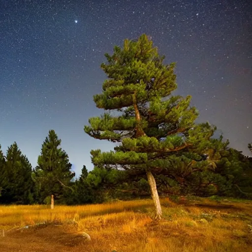 Prompt: Pine trees, night sky, radio telescope, unknown mysteries, unknown signals from outer space