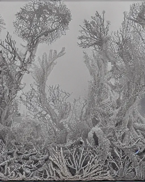 Image similar to a coral reef, made of intricate decorative lace leaf skeleton, in the style of the dutch masters and gregory crewdson, dark and moody