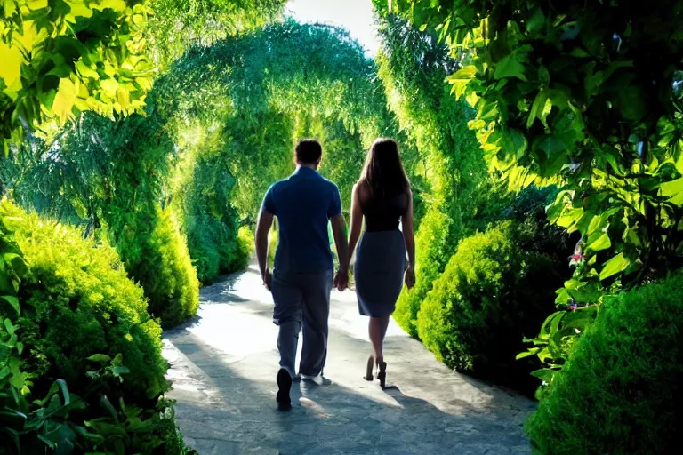 Image similar to a cinematic wideangle photograph of a man and woman walking through a walkway, green plants, blue sky, beautiful lighting, ultra realistic, movie still