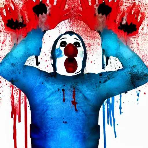 Prompt: profile picture of a man with clown makeup wearing a blue shirt with bloody handprints on a white background, line art, svg