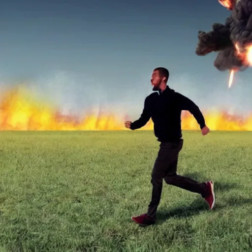 Image similar to cctv footage of a man running across a field, in the background is a large explosion, highly detailed, very realistic.