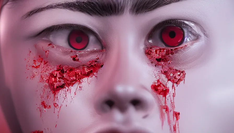 Image similar to diamond red eyes, rule of thirds, beautiful detailed face, ultra realistic, concept art, intricate details, serious, highly detailed, photorealistic, octane render, 8 k, unreal engine, detailed oil painting.