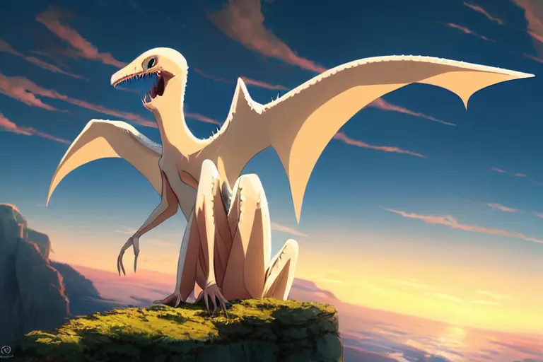 Image similar to a large smooth skinned white creature hybrid pterosaur, small quills along it's back, long fangs, sitting on a cliff high in the sky, sunset, backlit, beautiful composition, by makoto shinkai an krenz cushart