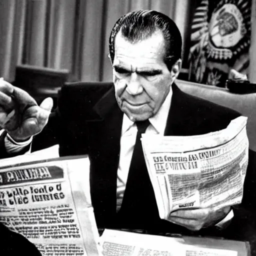 Image similar to Newspaper photograph showing President Nixon making a deal with the Mere-people of Atlantis