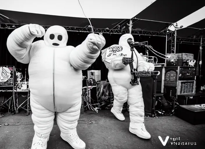 Image similar to photo still of the michelin man on stage at vans warped tour!!!!!!!! at age 3 8 years old 3 8 years of age!!!!!!! stage diving into the crowd, 8 k, 8 5 mm f 1. 8, studio lighting, rim light, right side key light