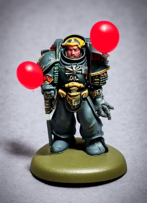 Image similar to 8 0 mm resin detailed miniature of a warhammer 4 0 k space marine holding a red balloon in one hand and a hamburger in the other, product introduction photos, 4 k, full body,