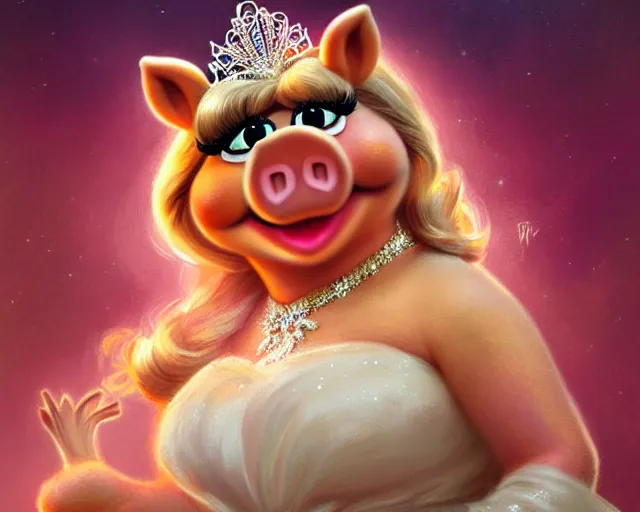 Image similar to miss piggy as miss universe, 8 k, deep focus, d & d, fantasy, intricate, elegant, highly detailed, digital painting, artstation, concept art, matte, sharp focus, illustration, hearthstone, art by artgerm and greg rutkowski and alphonse mucha