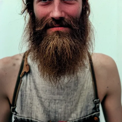 Image similar to far view, in british museum, extremely skinny malnourished redneck white male with long beard, wearing dirty overalls, dirty greasy face, grin, portrait, close up, kodak gold 2 0 0, 5 0 mm,