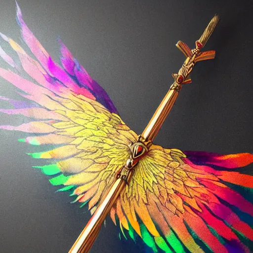 Prompt: medieval weapon, long spear with feathered wings on the tip, prismatic, multi colored feathers, anime style, white background, full body shot