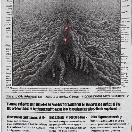 Image similar to first page of a newspaper covered in blood and roots, by Beksinski, hell in the background