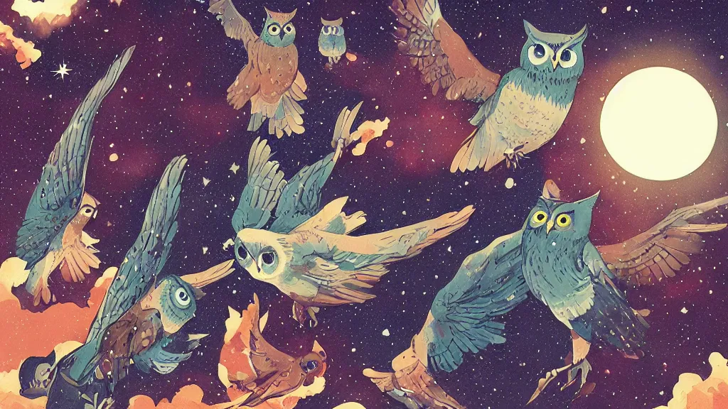 Prompt: very detailed, ilya kuvshinov, mcbess, rutkowski, stellaluna, watercolor illustration of owls flying at night, colorful, deep shadows, astrophotography, highly detailed