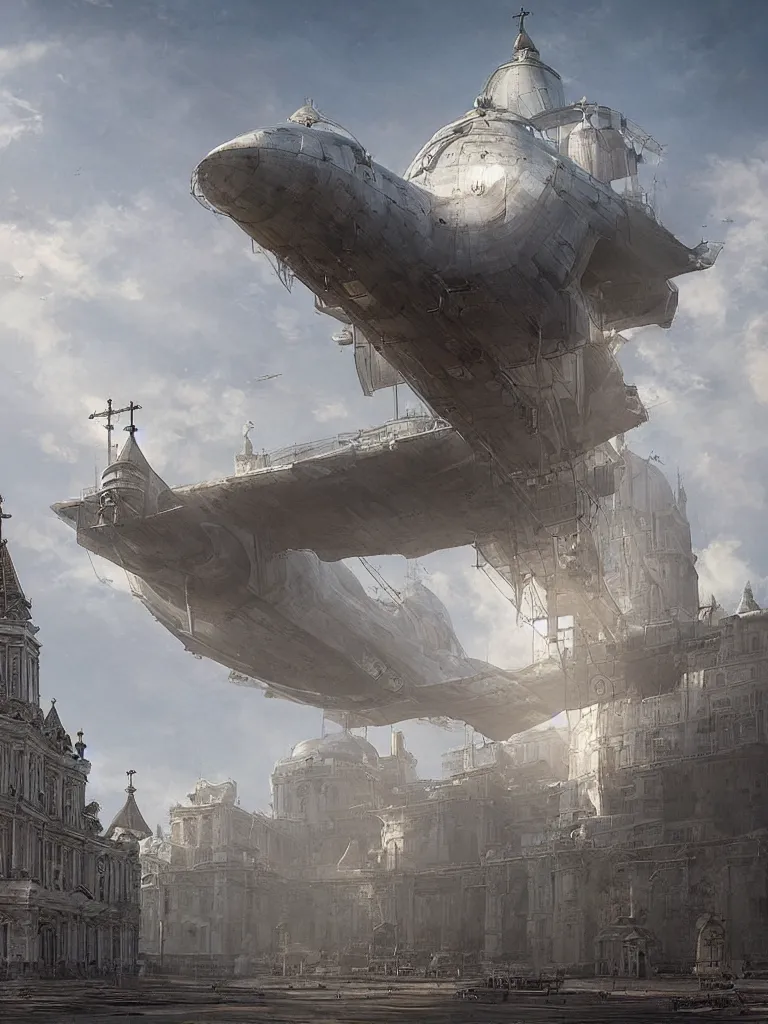 Prompt: a large dieselpunk airship is standing in the air over a splendid white church in russia, full morning sun, matte painting by greg rutkowski, craig mullins, federico pelat, levitan, rozalski