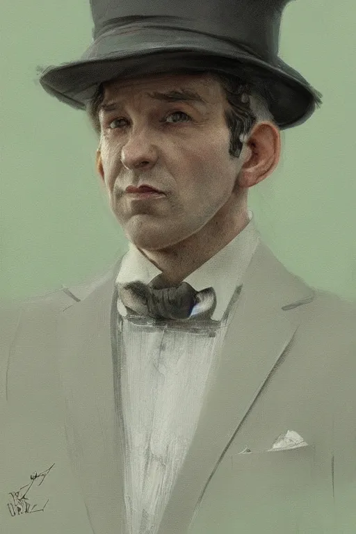 Image similar to a grey hair old halfling green eyes with stubble top hat and suit by Greg Rutkowski, painting, portrait, HD, high details, trending on artstation