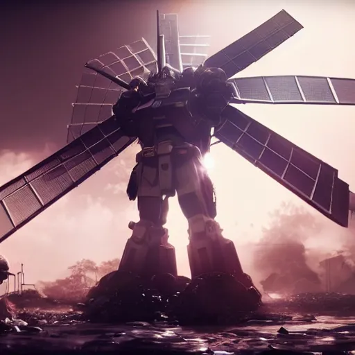 Image similar to gundam as dutch windmill in gears of war, splash art, movie still, cinematic lighting, ray tracing, octane render, long lens, shallow depth of field, bokeh, anamorphic lens flare, 8 k, hyper detailed, 3 5 mm film grain