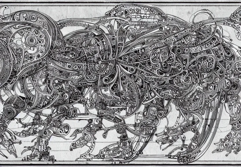 Prompt: spacious schematic blueprint of highly detailed ornate filigreed convoluted ornamented elaborate cybernetic rat, full body, character design, inside frame, art by da vinci