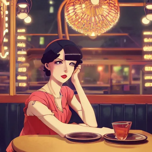 Image similar to portrait of beautiful girl with dark hair dressed in 1920's style, sitting in cafe alone, nighttime, low-key neon lighting, 4k, HQ, official media, anime key visual, makoto shinkai, ilya kuvshinov, lois van baarle, rossdraws, detailed, trending on artstation