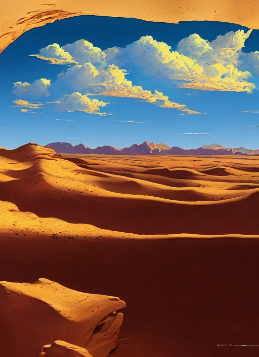 Prompt: painting of a desert landscape with a sky background, a detailed matte painting by bob thompson, cgsociety, american scene painting, poster art, matte painting, matte drawing