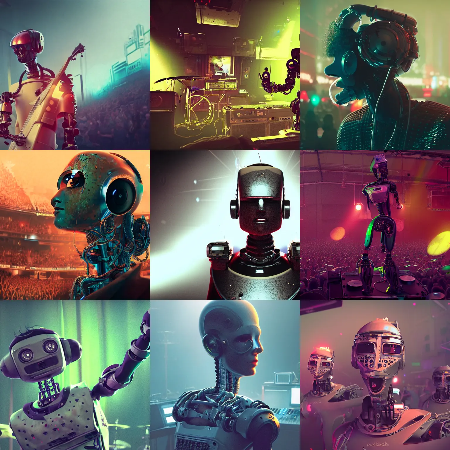 Prompt: a portrait of a robot musician in a punk rock concert, octane rendering, cinematic style, by beeple and craig mullins and ridley scott