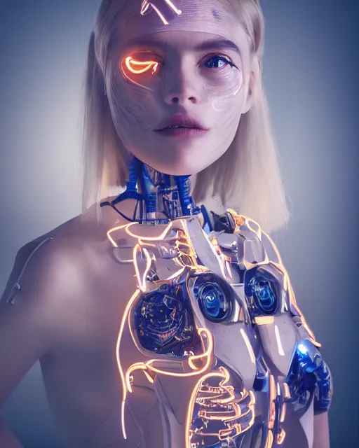 Prompt: photo of dreamy female as a solarpunk cyborg with fluorescent lamps over face, robotic body parts around neck, real human face with skin, ultra - realistic and detailed, long exposure, soft focus hdr 8 k