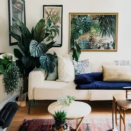 Image similar to a living room with plants and a painting on the wall, featured on tumblr, light and space, sanctuary, soft light, aesthetic