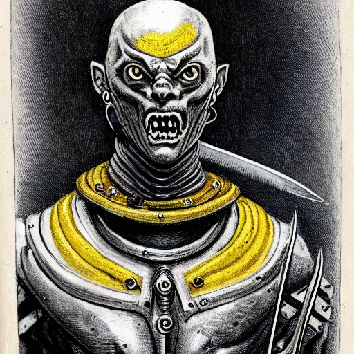 Image similar to ( ( ( head and shoulders portrait of a gaunt noseless yellow - skinned bald githyanki warrior in a breastplate, wielding a magical silver greatsword ) ) ), hr giger, d & d, fantasy, medieval