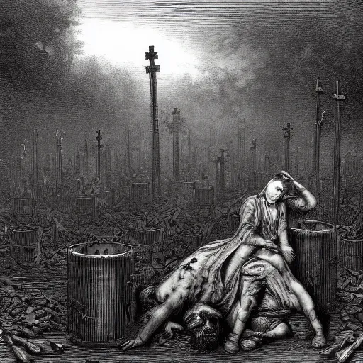 Prompt: nine steel barrels in a graveyard with 2 zombies, creepy atmosphere, dark, portrait, realistic, very realistic, illustration by gustave dore