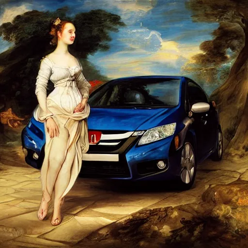 Image similar to heavenly summer sharp land sphere scallop well dressed lady standing next to a honda civic, auslese, by peter paul rubens and eugene delacroix and karol bak, hyperrealism, digital illustration, fauvist, standing next to a honda civic