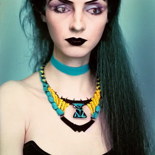 Image similar to medium shot, color slide Kodak Ektachrome E100, studio photographic portrait of Death as a young, attractive, friendly, gorgeous, pale, goth, girl in her 20s, wears a Egyptian Ankh Pendant Necklace, casual clothes, blue hour, Nikon camera, 75mm lens, f/2.8 aperture, HD, hi-res, hi resolution, deep depth of field, sharp focus, rich deep moody colors, masterpiece image, intricate, realistic, elegant, highly detailed, Shutterstock, Curated Collections, Sony World Photography Awards, Pinterest, by Annie Leibovitz