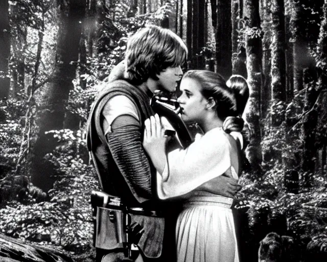 Image similar to luke skywalker, princess leia and han solo hugging and kissing in the forest of endor at the end of return of the jedi