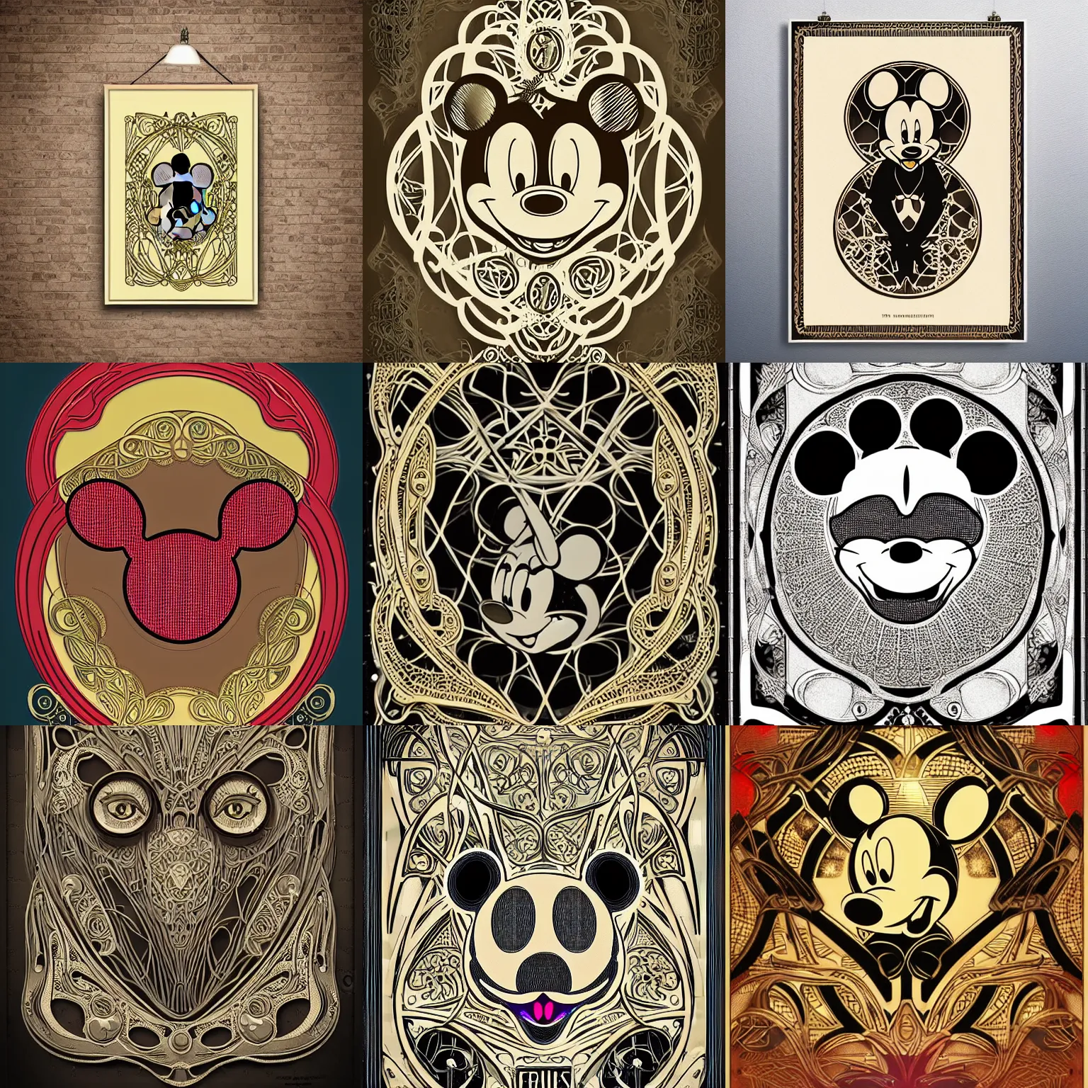 Prompt: ultra realistic illustration (((mickey mouse))) cyborg vintage art nouveau style poster, highly detailed filigree fretwork lacework