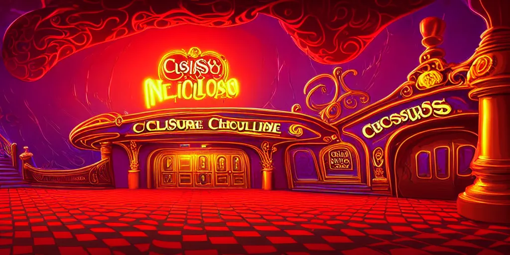 Image similar to curled perspective digital art of curly clouds casino entrance with luxurious red carpet by anton fadeev from nightmare before christmas