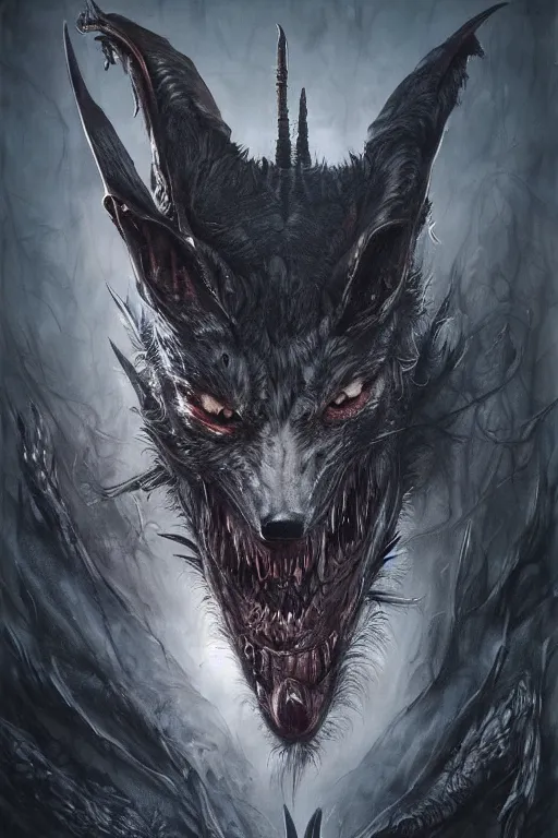 Prompt: portrait of a wolf ork bat hybrid by hr giger, greg rutkowski, luis royo and wayne barlowe as a diablo, resident evil, dark souls, bloodborne monster