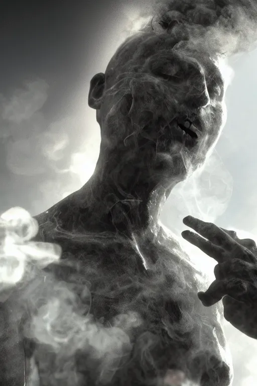 Image similar to a man made of smoke , high detail, realistic, octane render, artstation