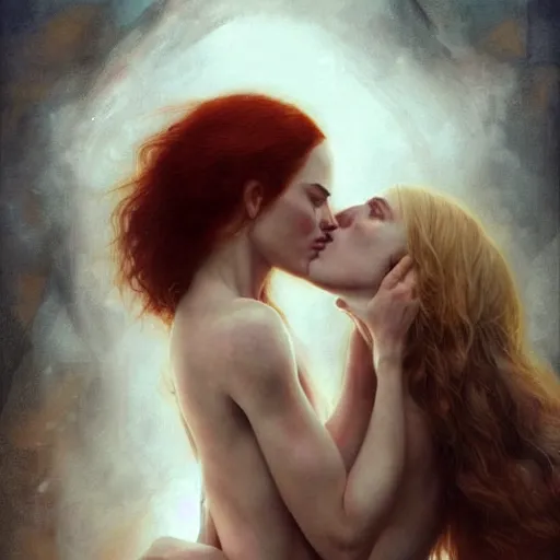 Prompt: megan fox and nicole kidman kissing each other, sharp focus, illustration, art by aenaluck and roberto ferri and greg rutkowski, epic fantasy, digital painting