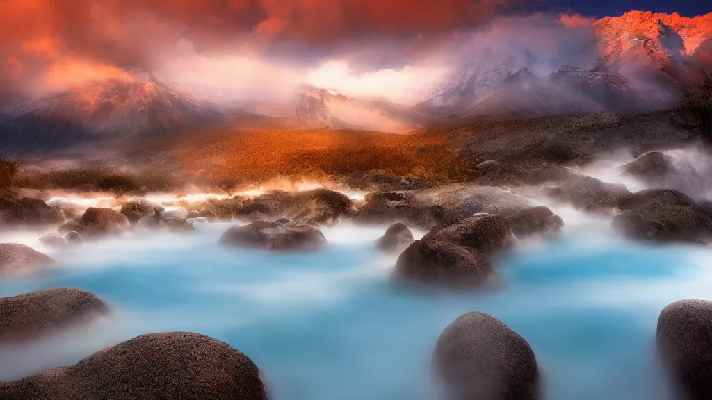 Prompt: amazing landscape photo of natural hot springs by marc adamus, beautiful dramatic lighting