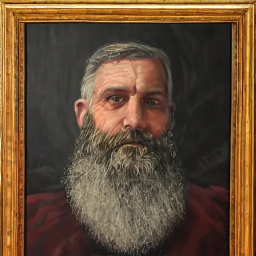 Prompt: realistic portrait painting of an old bearded man, centered composition, identical gazing eyes, oil on canvas