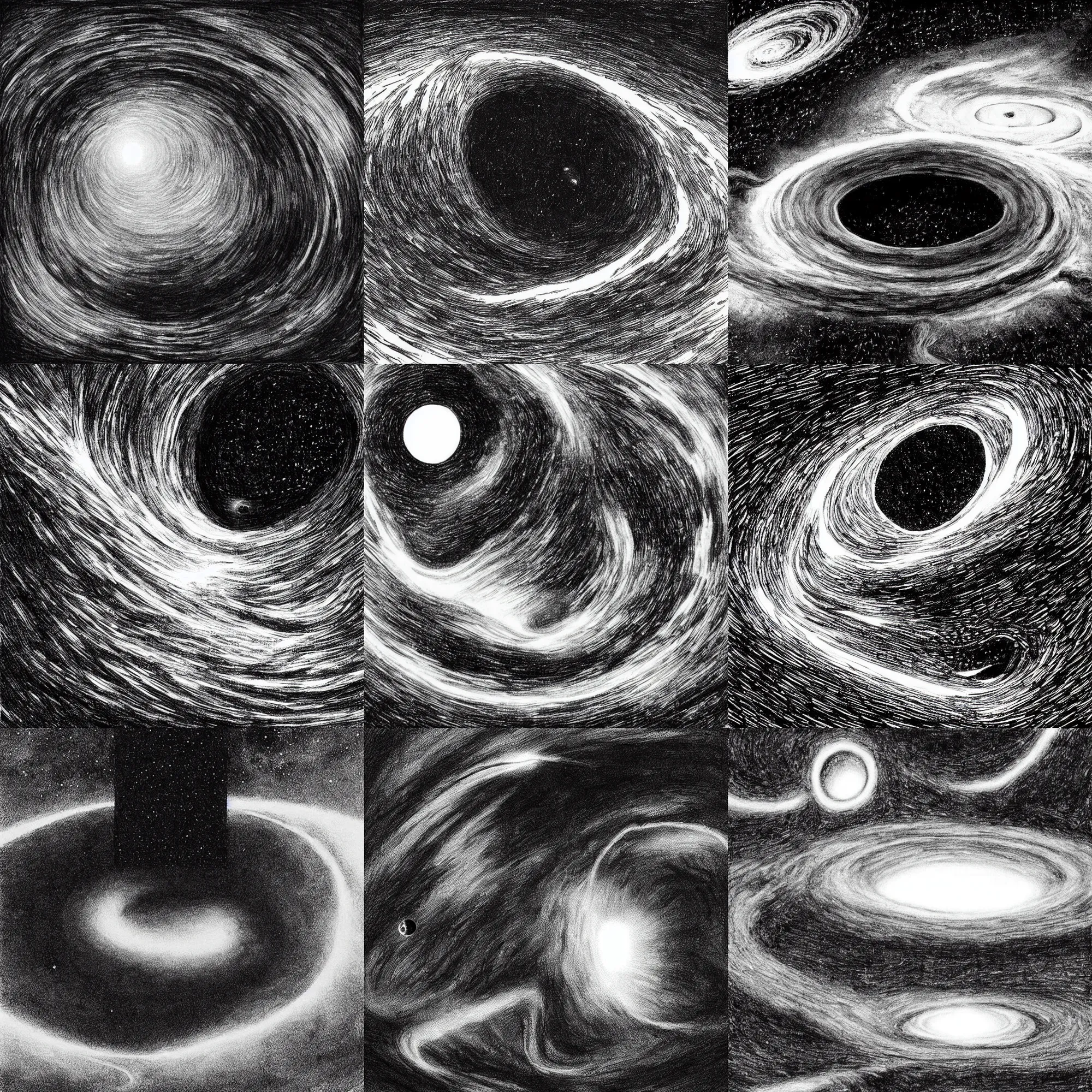Prompt: “ a black hole outerspace, infinite, landscape, cinematic, black and white, detailed, drawn by kentaro miura ”