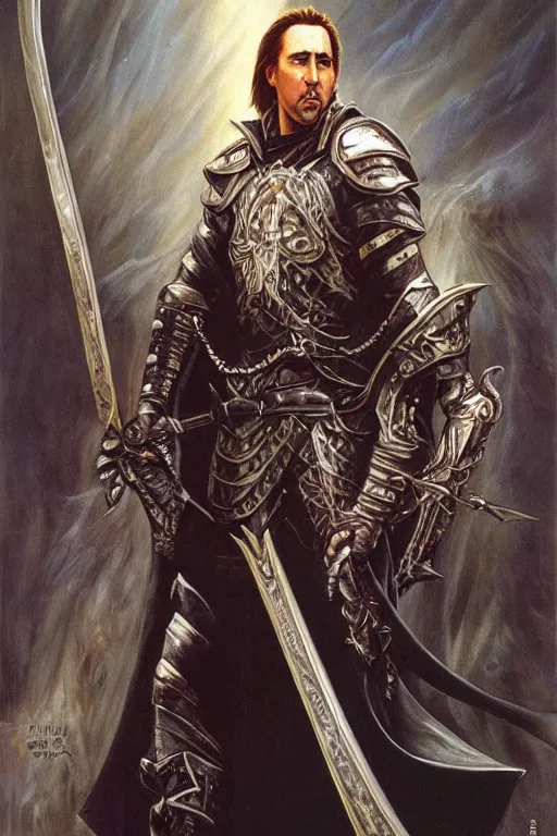 Image similar to Nicholas Cage as a paladin holding a longsword, detailed fantasy art by Gerald Brom