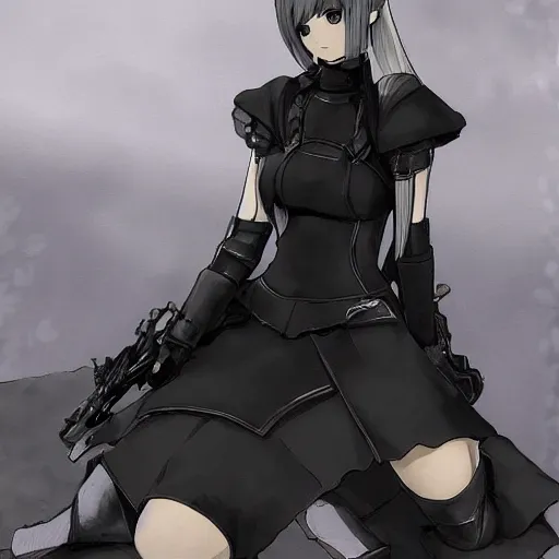 Prompt: yorha no. 2 type b reclining in heavy armor b with a ghibli artstyle